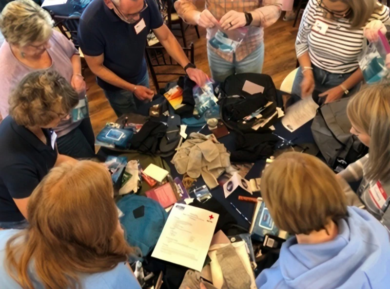 volunteers around a table full of goods