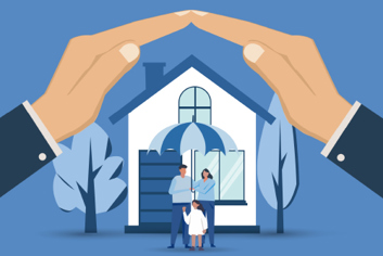 Graphic of a family standing outside a home under an umbrella with hands making an arch over them.