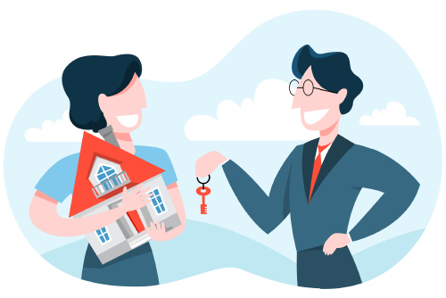 A smiling man hands a key to a woman holding a small house in her arms