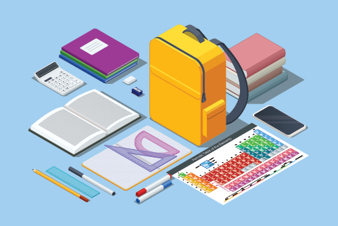 Graphic of a backpack and school supplies.