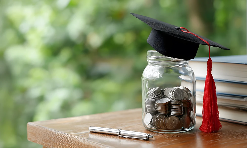 jar fill of coins with a graduation cap