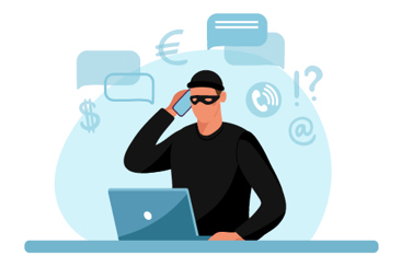 Graphic of a burglar on a phone with a laptop.