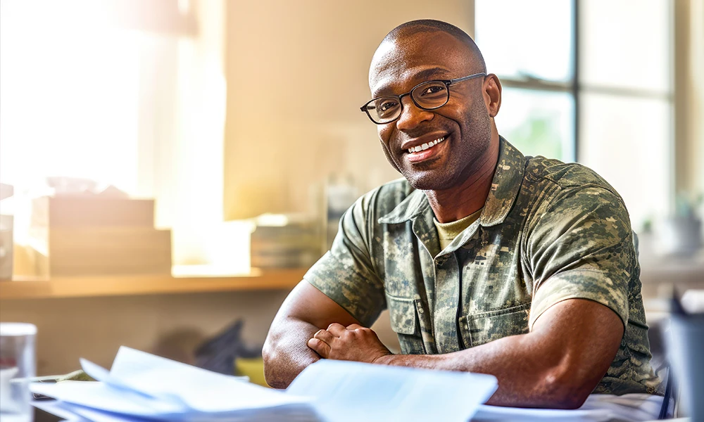 smiling man in camouflage shirt