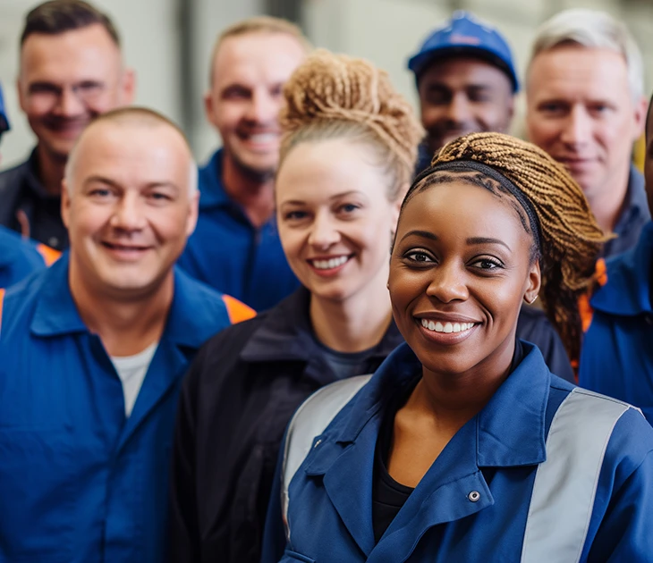 blue color employees smiling