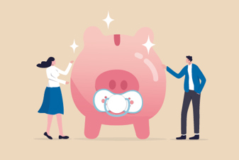 A graphic of two people holding onto a large piggy bank that has a baby binky.
