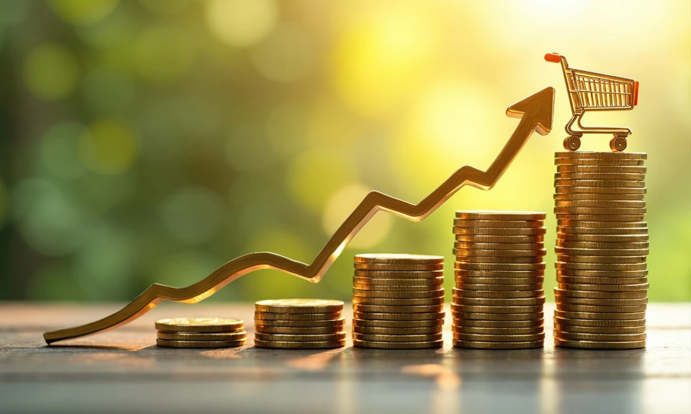 digital illustration of stacks of coins climbing taller with a shopping chart on the highest stack
