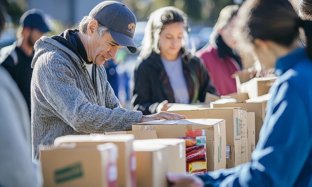 people volunteering at a food bank to pack food in boxes
