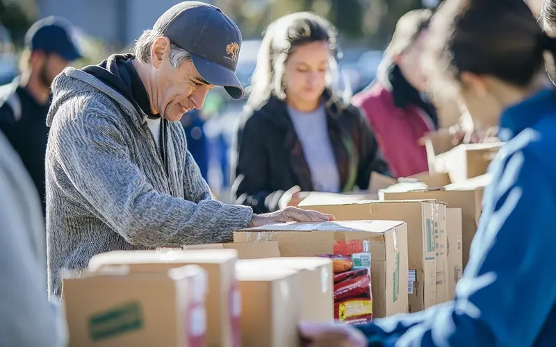 people volunteering at a food bank to pack food in boxes