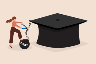 Graphic of a woman cutting a ball and chain labeled "Debt" from a giant graduation cap.