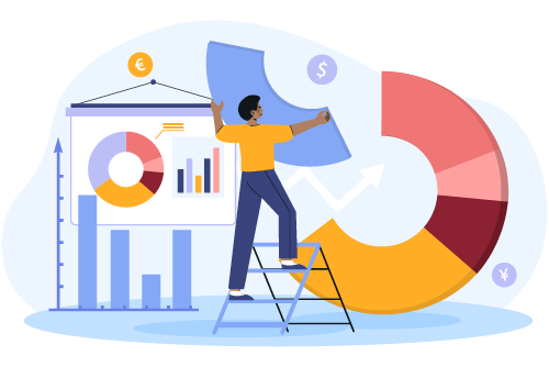 Illustration of oversized pie chart and graphs.