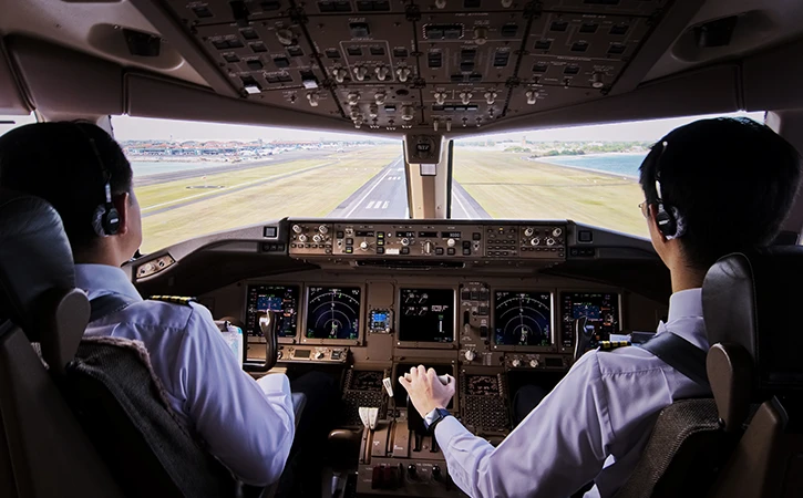 cockpit of an airplane controlled by two pilots