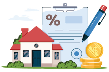 Graphic of a house with a mortgage application, a pen, and a stack of coins.