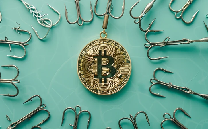 fishing hooks circle a Bitcoin