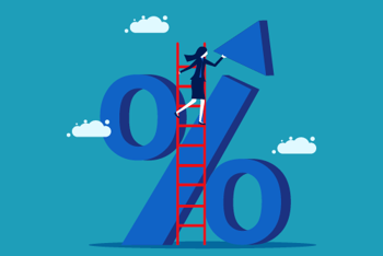 Graphic of a woman climbing a ladder to the top of a giant percentage sign.