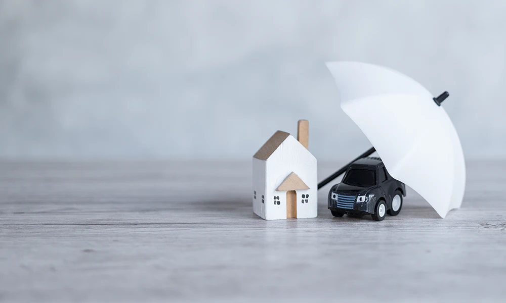 toy representatives of house and car with an umbrella protecting both