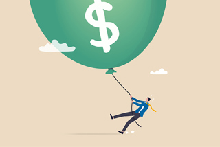 Graphic of a man holding onto a giant floating balloon with a dollar sign on it.