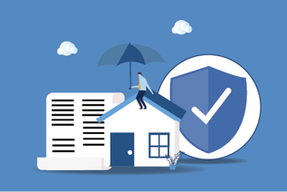 Graphic of a house, a document, and a secure icon in shades of blue.