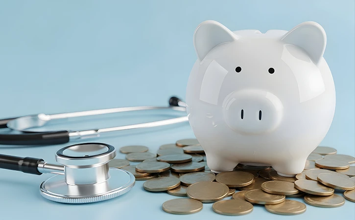 stethoscope next to a piggy bank