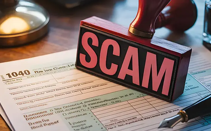 Tax form with a rubber stamp that reads scam