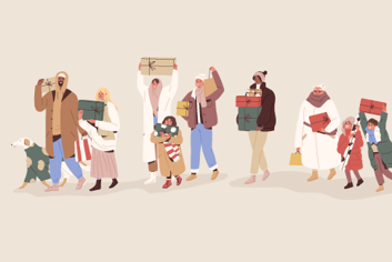 A graphic of a variety of people walking carrying wrapped gifts.