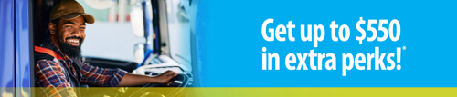 Photo of a man in a plaid button down shirt wearing a hat on the left and a light blue gradient on the right with words that say "Get up to $550 in extra perks!*" and a yellow gradient line along the bottom.