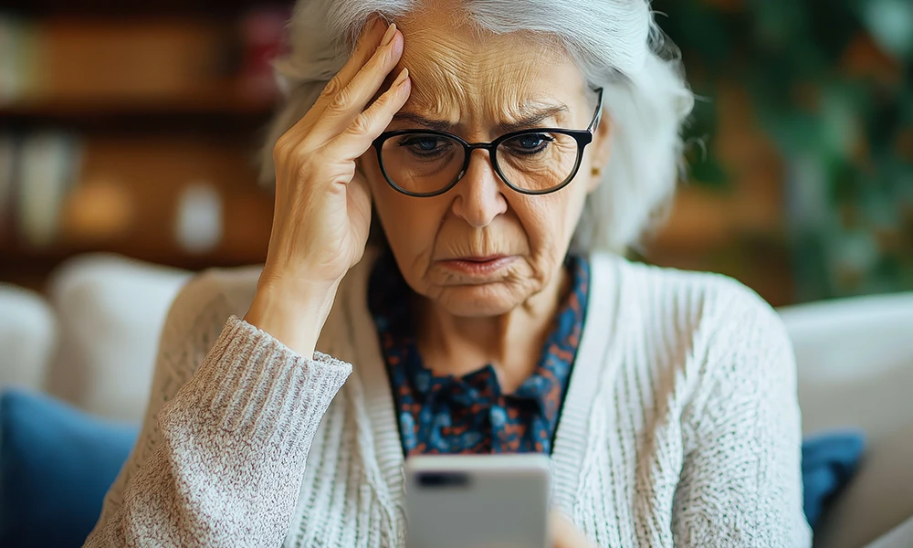 frustrated woman looking at phone