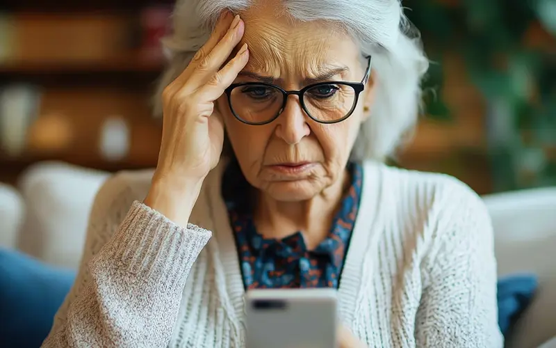 frustrated woman looking at phone