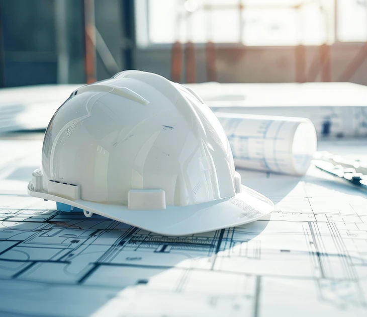 hard hat and blueprints