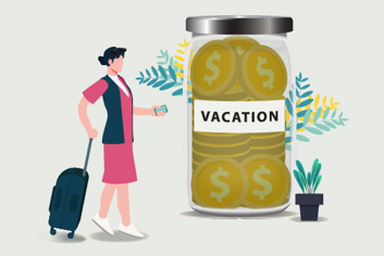 Graphic of a woman with a suitcase looking at a larger than life far filled with coins labeled "vacation".