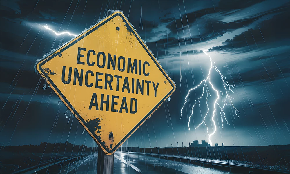 storm raging in background of a warning street sign that says Economic Uncertainty Ahead