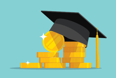 A graphic of a graduation cap sitting on top of a pile of large coins.