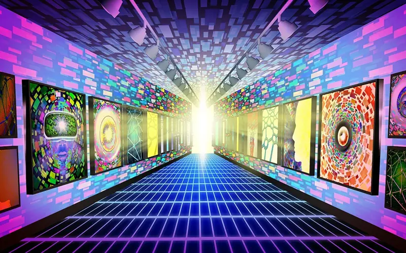 long room of hung artwork