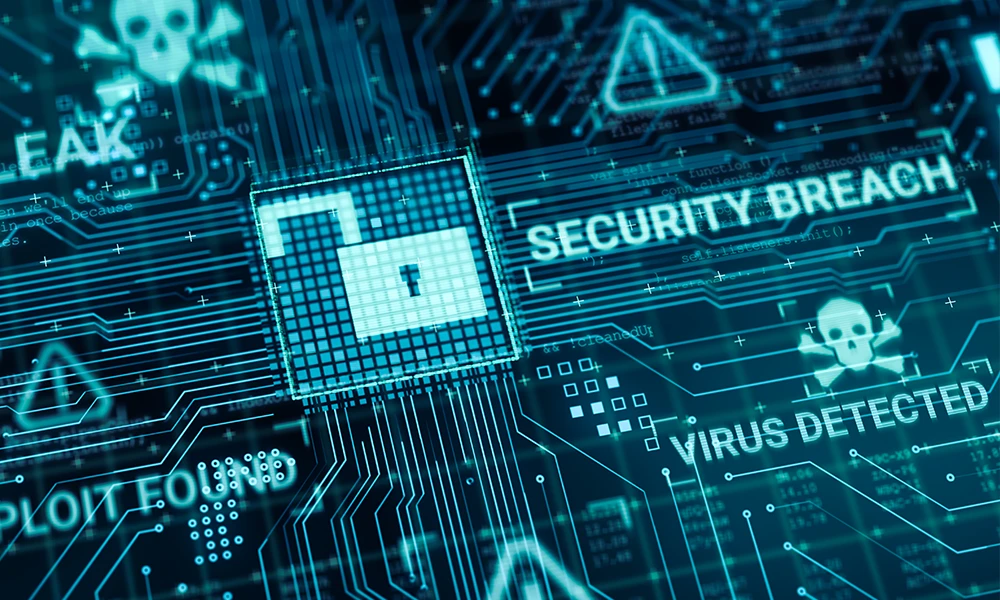digital illustration of a computer board showing a security breach and virus detected