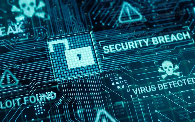 digital illustration of a computer board showing a security breach and virus detected