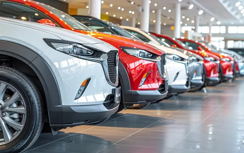 a line of new cars at a dealer