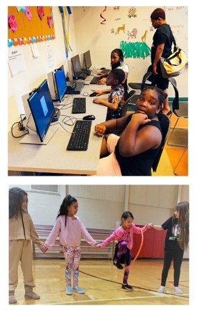 Top image: Children in the Boys & Girls Club of Washington County use the computers at the Elgin Station club in Hagerstown, Maryland.  Bottom image: Girls participate in a team-building exercise at Girls Inc. of Washington County in Hagerstown, Maryland.