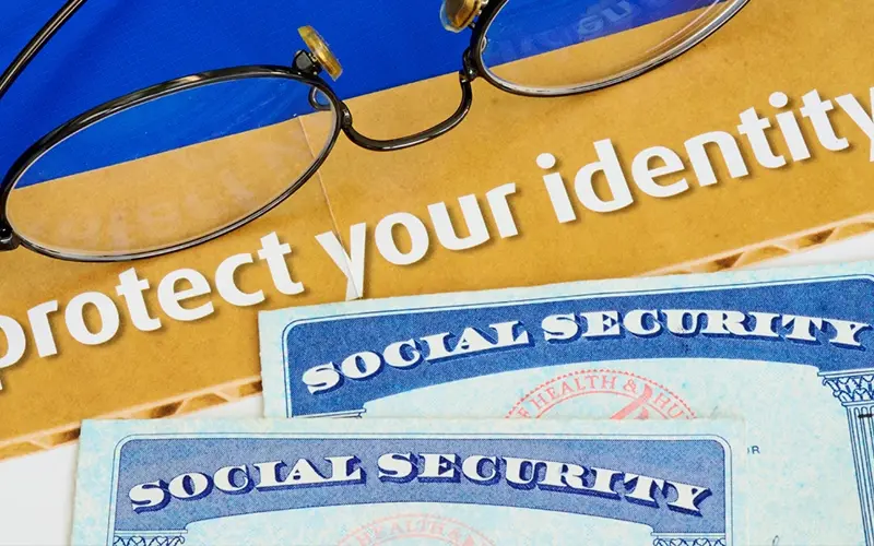illustration of a pair of glasses, social security cards and the words protect your identity