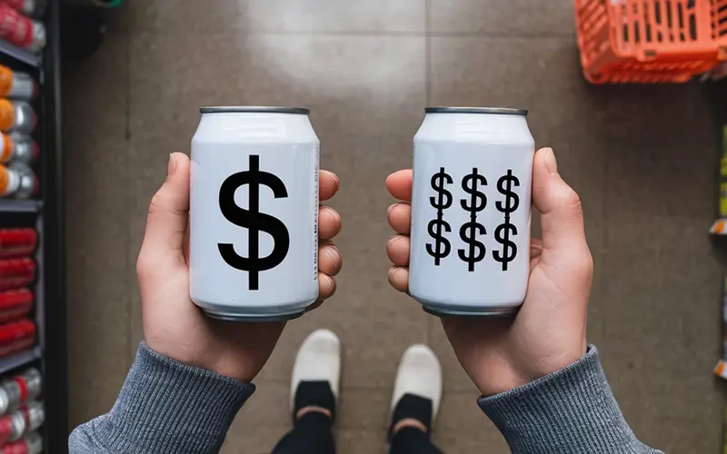 Man holding 2 cans comparing cost
