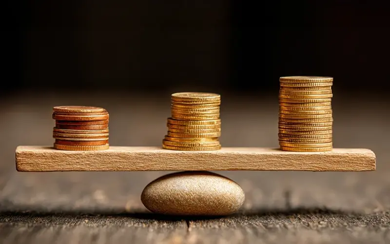 balancing board of stacks of coins