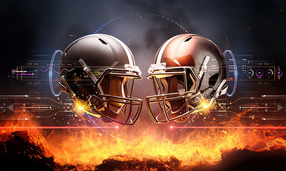 two football helmets face each other