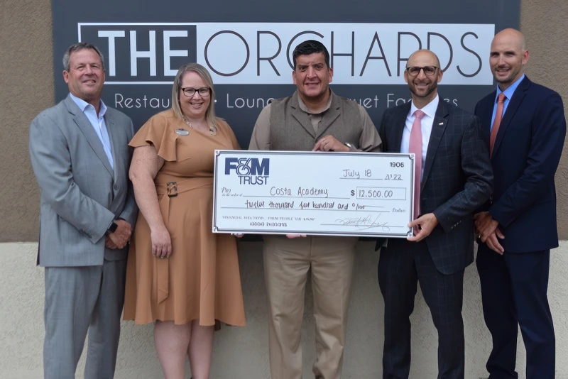 From left, Tim Henry, President and CEO, F&M Trust; Summer Franzoni, Vice President and Retail Services Market Manager, F&M Trust; Michael Kalathas, Executive Director, Costa Academy; Phil Pantano, Vice President and Commercial Services Market Manager, F&M Trust; and Chad Rydbom, Vice President and Commercial Services Relationship Manager, F&M Trust.