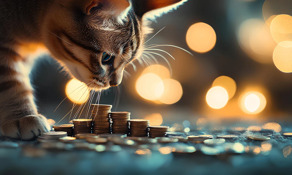 Cat sniffing coins stacked on the floor