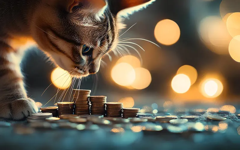 Cat sniffing coins stacked on the floor