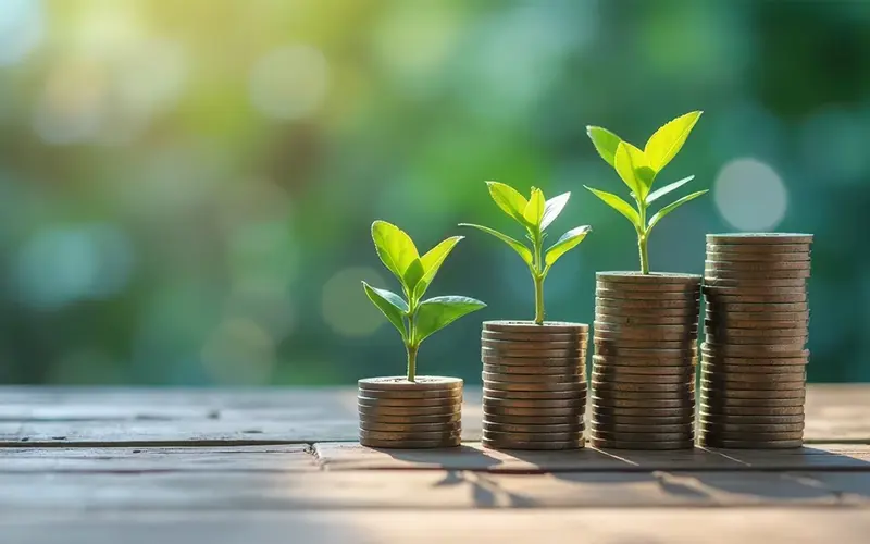 columns of coins with plants growing on top in the sunlight