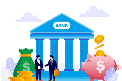 Graphic of two men in business suits shaking hands outside of a bank surrounded by giant coins and a giant piggy bank.