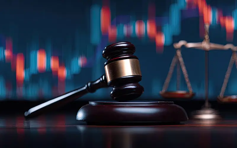 gavel and justice scale in front of chart of stocks rising and dropping 