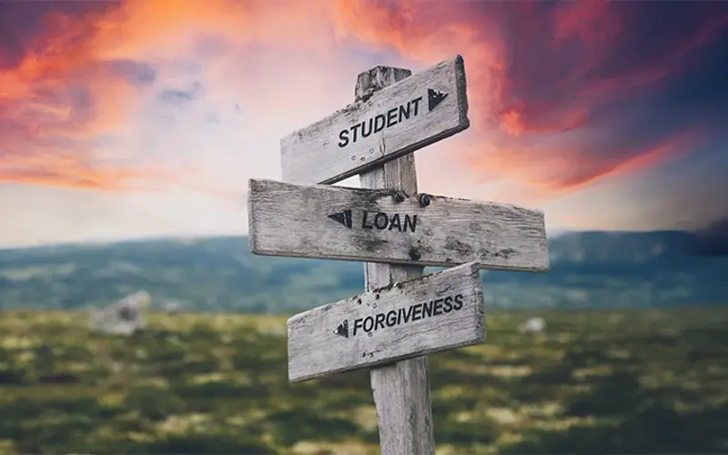 digital illustration of 3 wooden signs that each point in a different direction and read student loan forgiveness