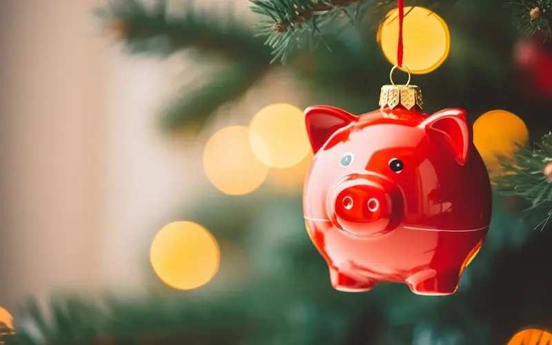 piggybank ornament hanging from Christmas tree 